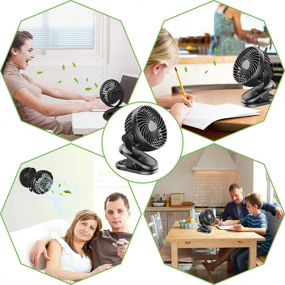 3-Speed USB Clip-On Fan – 360° Rotating Portable Desk & Stroller Cooler