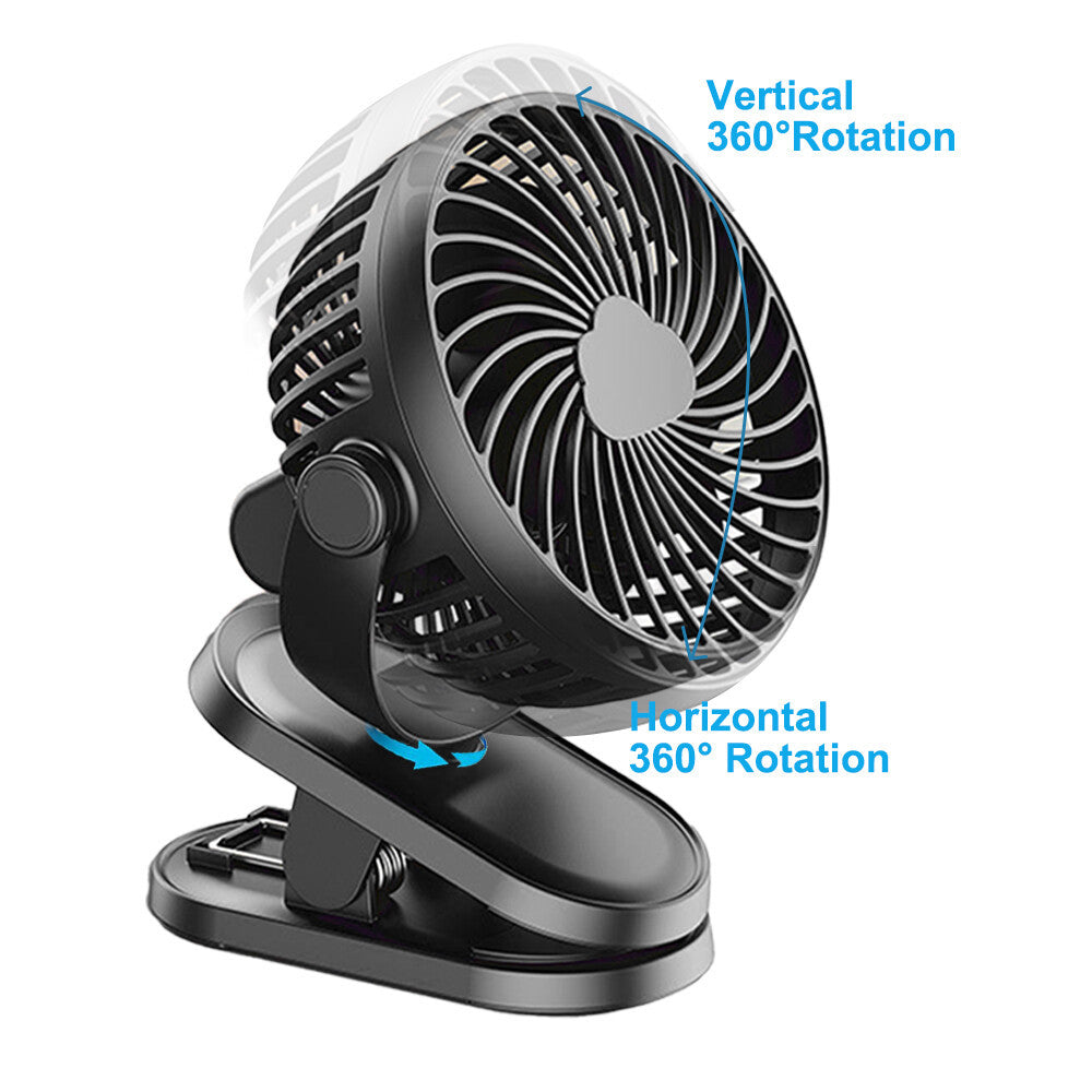 3-Speed USB Clip-On Fan – 360° Rotating Portable Desk & Stroller Cooler